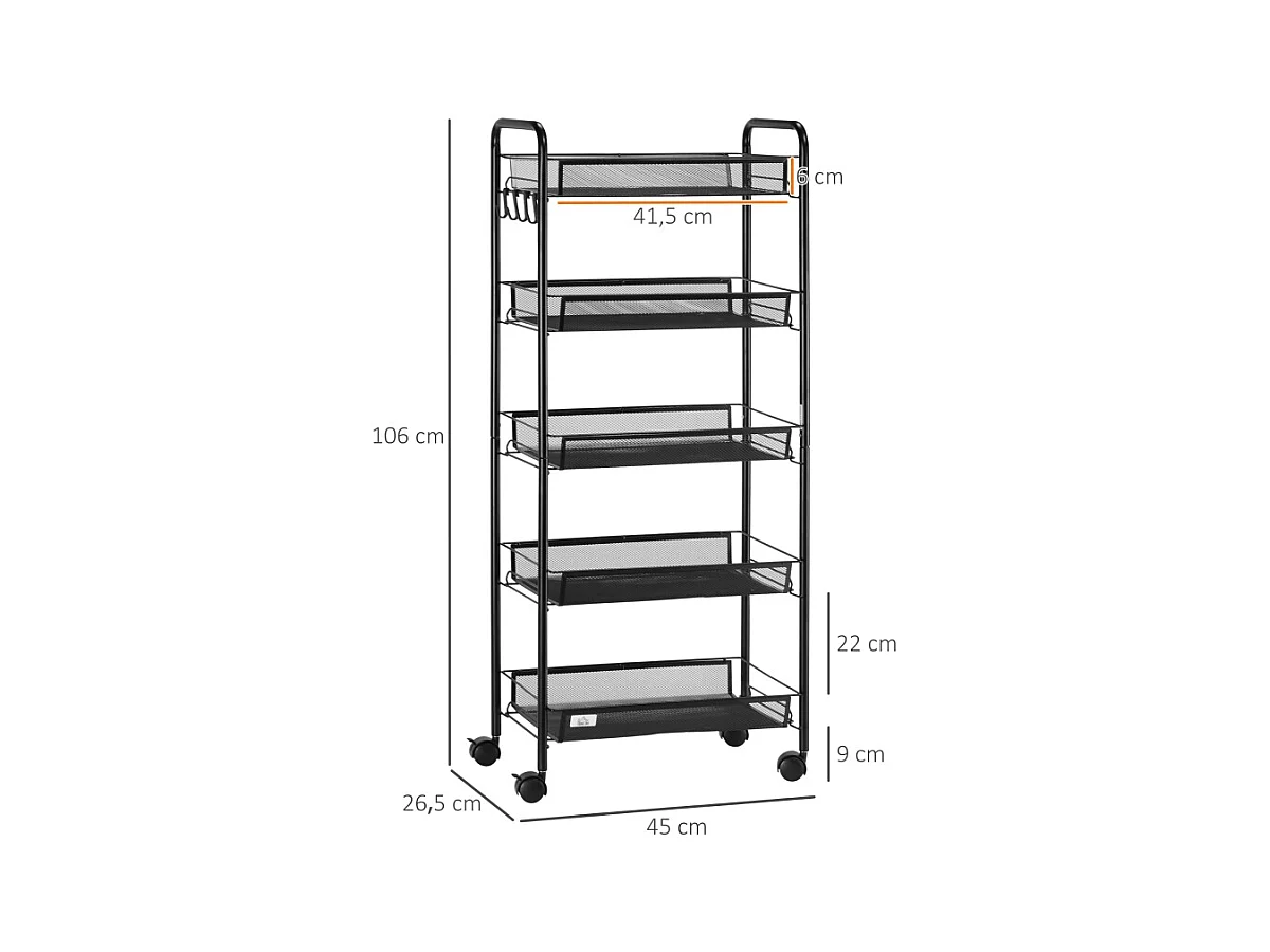 Carrito de servicio con 4 estantes y 5 cestas, acero, negro (45x26,5x106 cm)