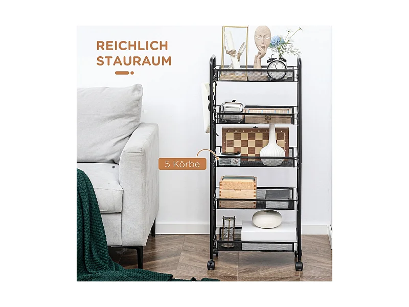 Carrito de servicio con 4 estantes y 5 cestas, acero, negro (45x26,5x106 cm)