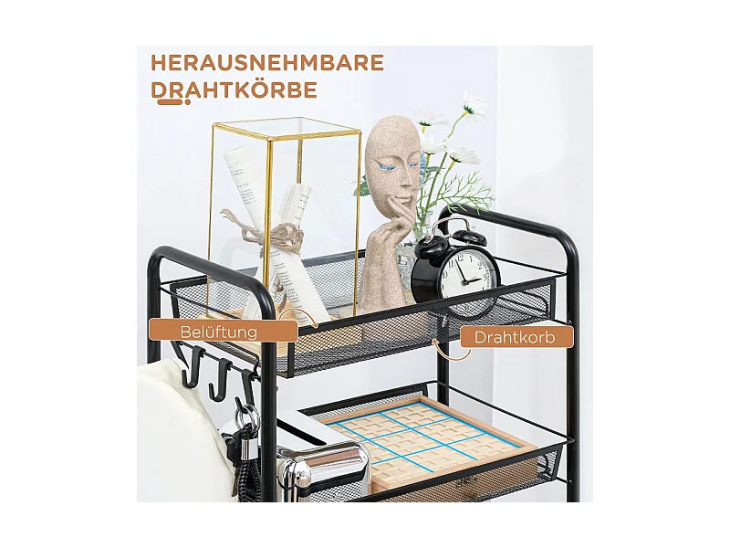 Carrito de servicio con 4 estantes y 5 cestas, acero, negro (45x26,5x106 cm)