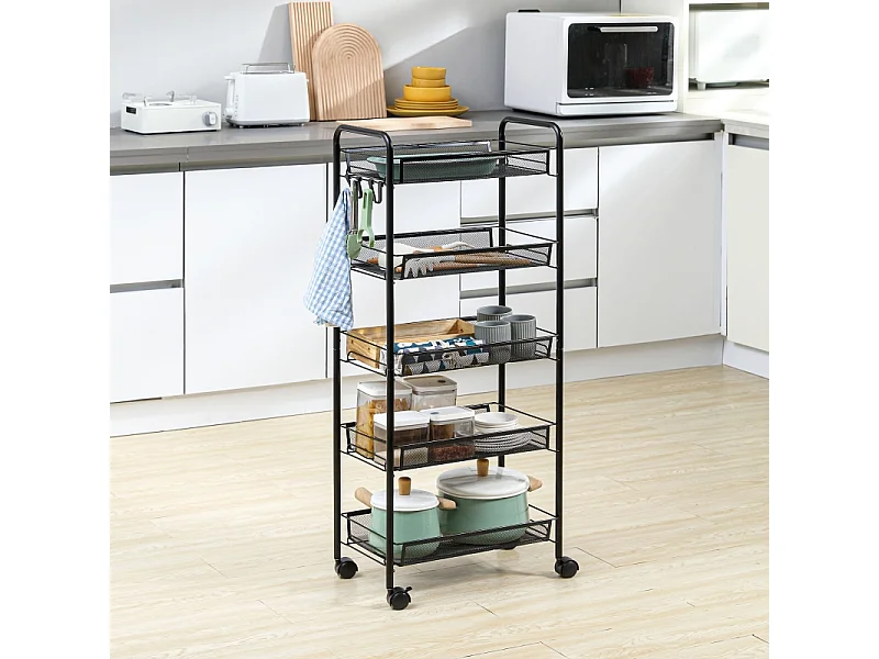 Chariot de service avec 4 étagères et 5 paniers, en acier, noir (45x26.5x106 cm)