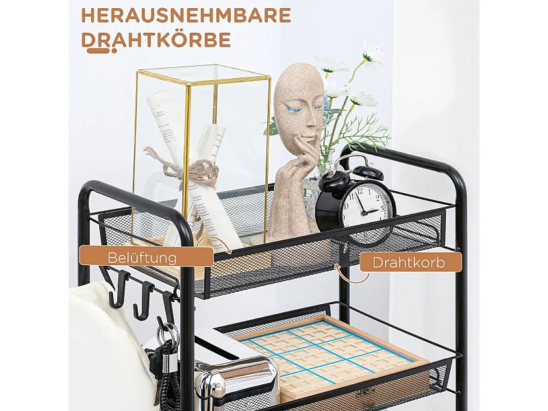 Chariot de service avec 4 étagères et 5 paniers, en acier, noir (45x26.5x106 cm)