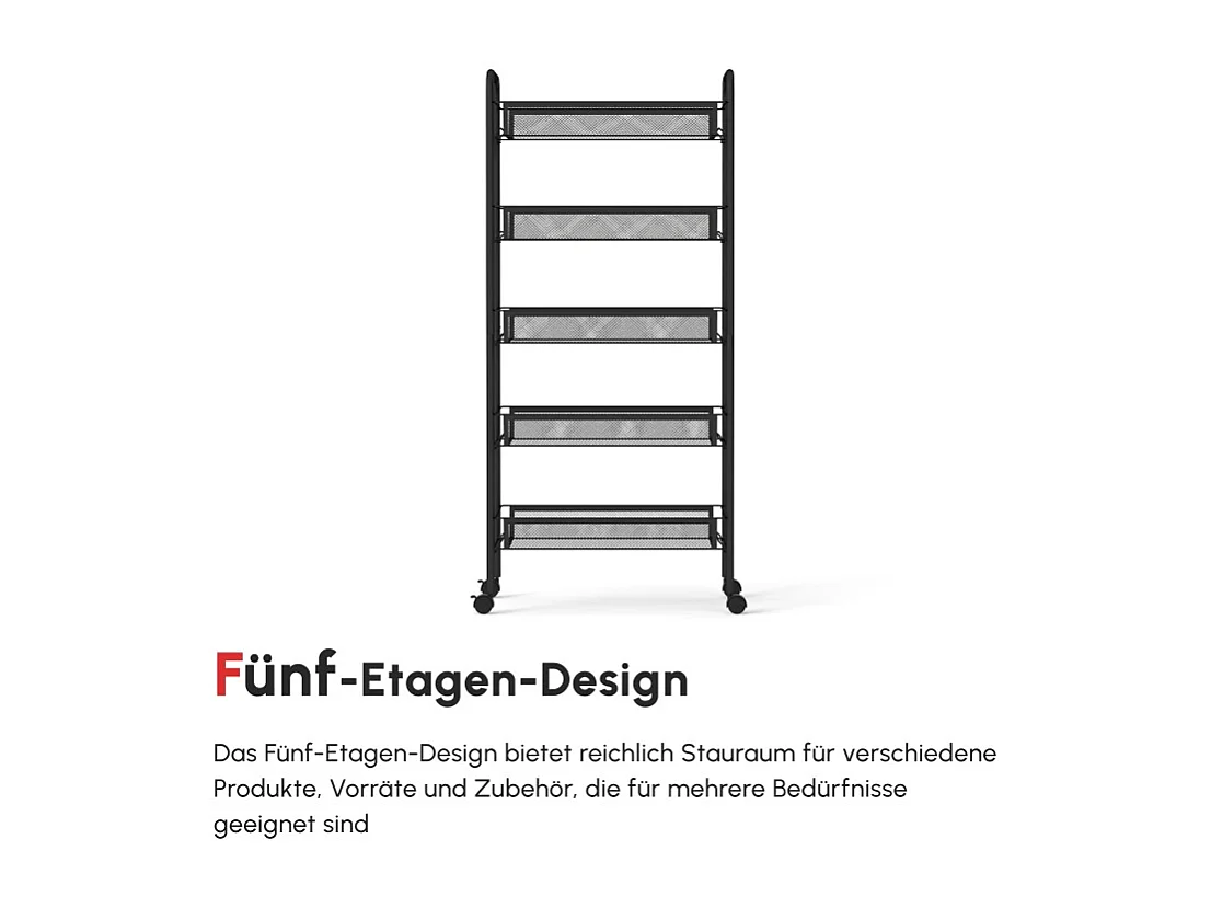 Chariot de service avec 4 étagères et 5 paniers, en acier, noir (45x26.5x106 cm)