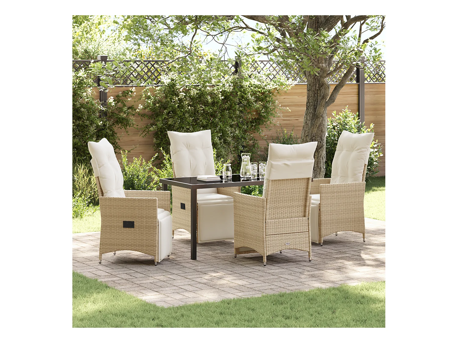 5-teiliges Garten-Essset mit beigen Kissen aus Polyrattan
