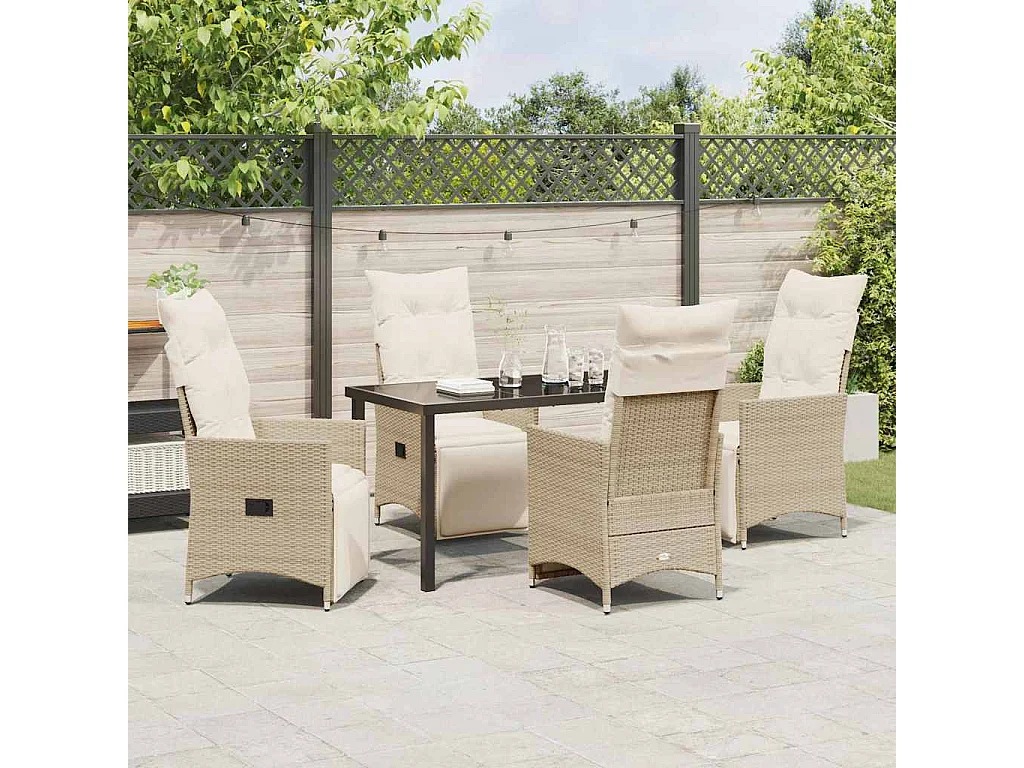 Ensemble de salle à manger de jardin 5 pièces avec coussins beige en poly rattan