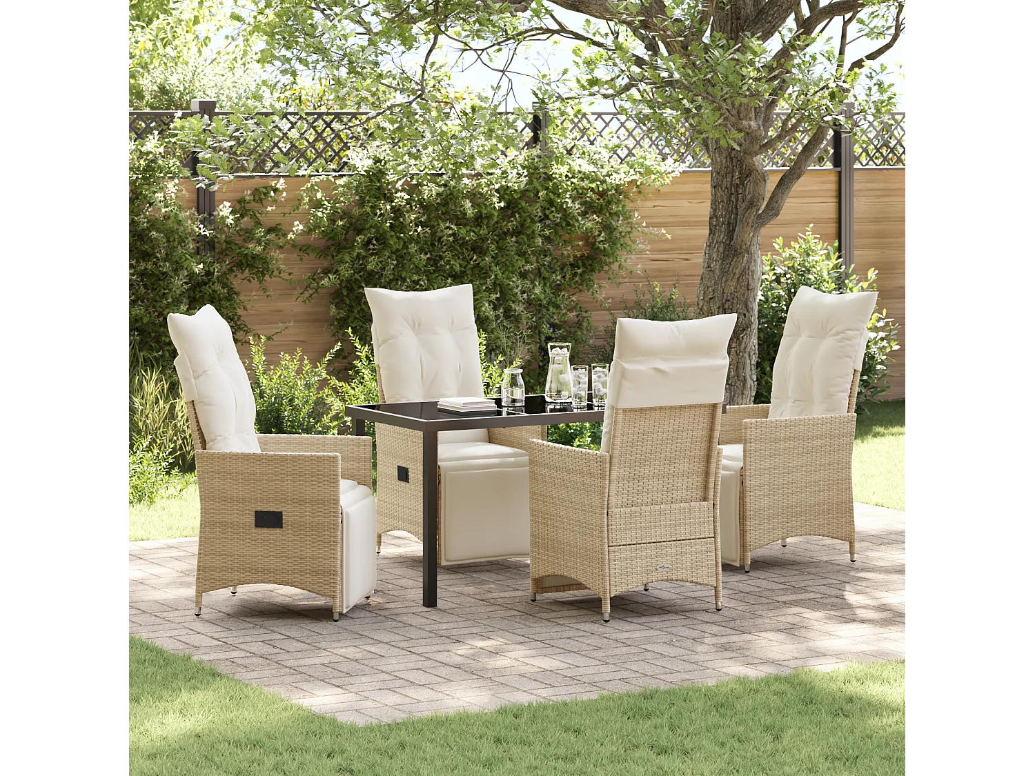 Ensemble de salle à manger de jardin 5 pièces avec coussins beige en poly rattan