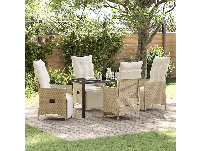 Ensemble de salle à manger de jardin 5 pièces avec coussins beige en poly rattan