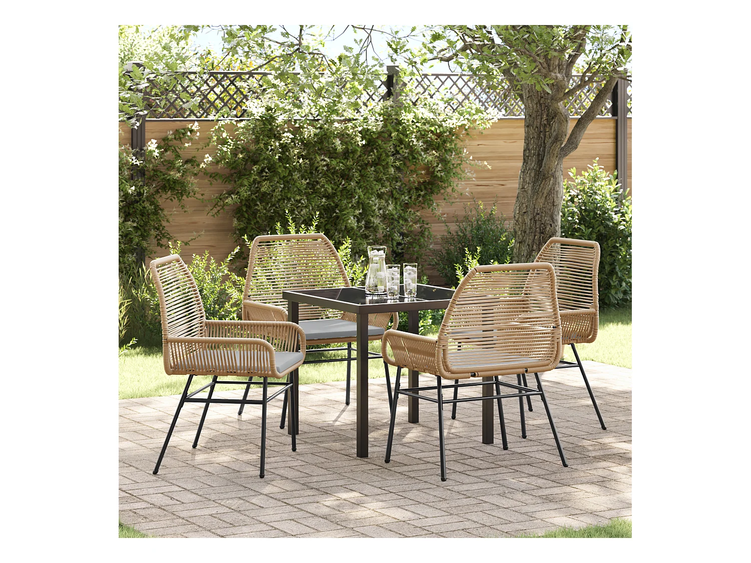 Ensemble de salle à manger de jardin 5 pièces avec coussins Marron Poly Rattan