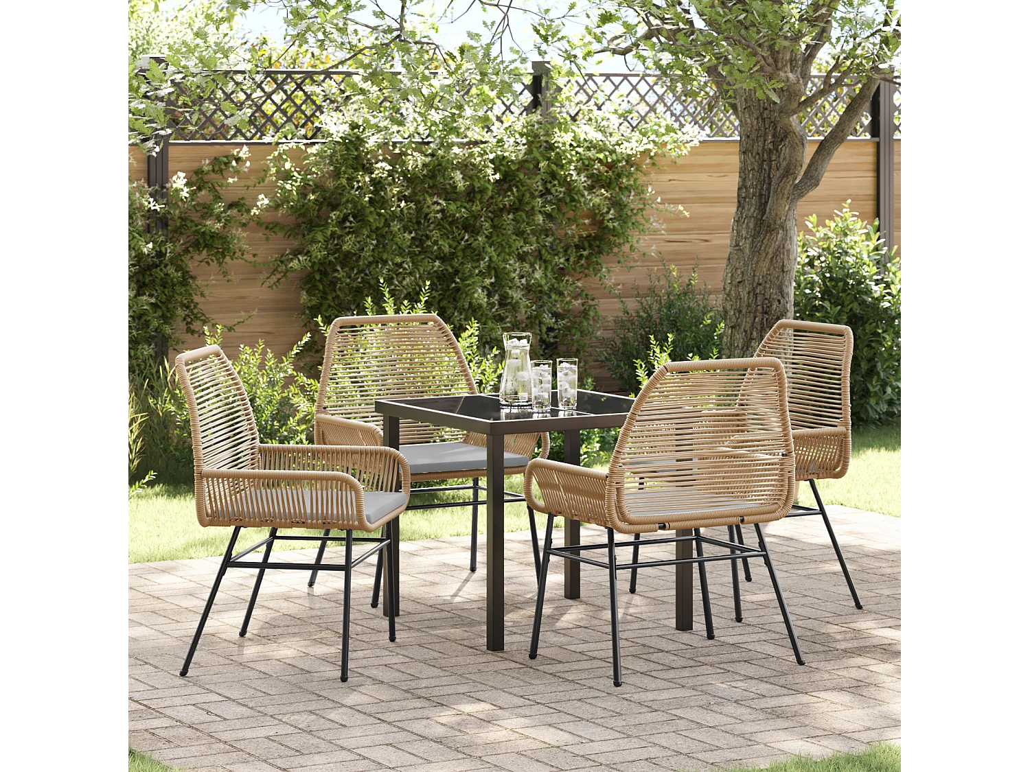 5-teiliges Garten-Ess-Set mit Kissen, braun, Polyrattan