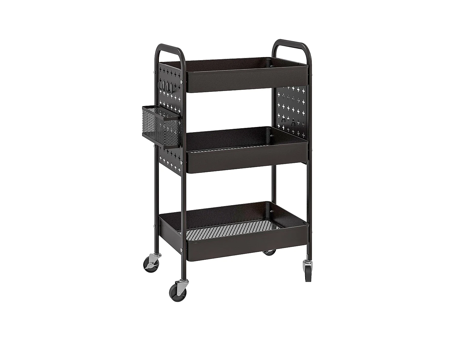 Carrito de servicio de 3 niveles, 2 cestas colgantes, con asas, en acero negro (53,5x30,5x75 cm)