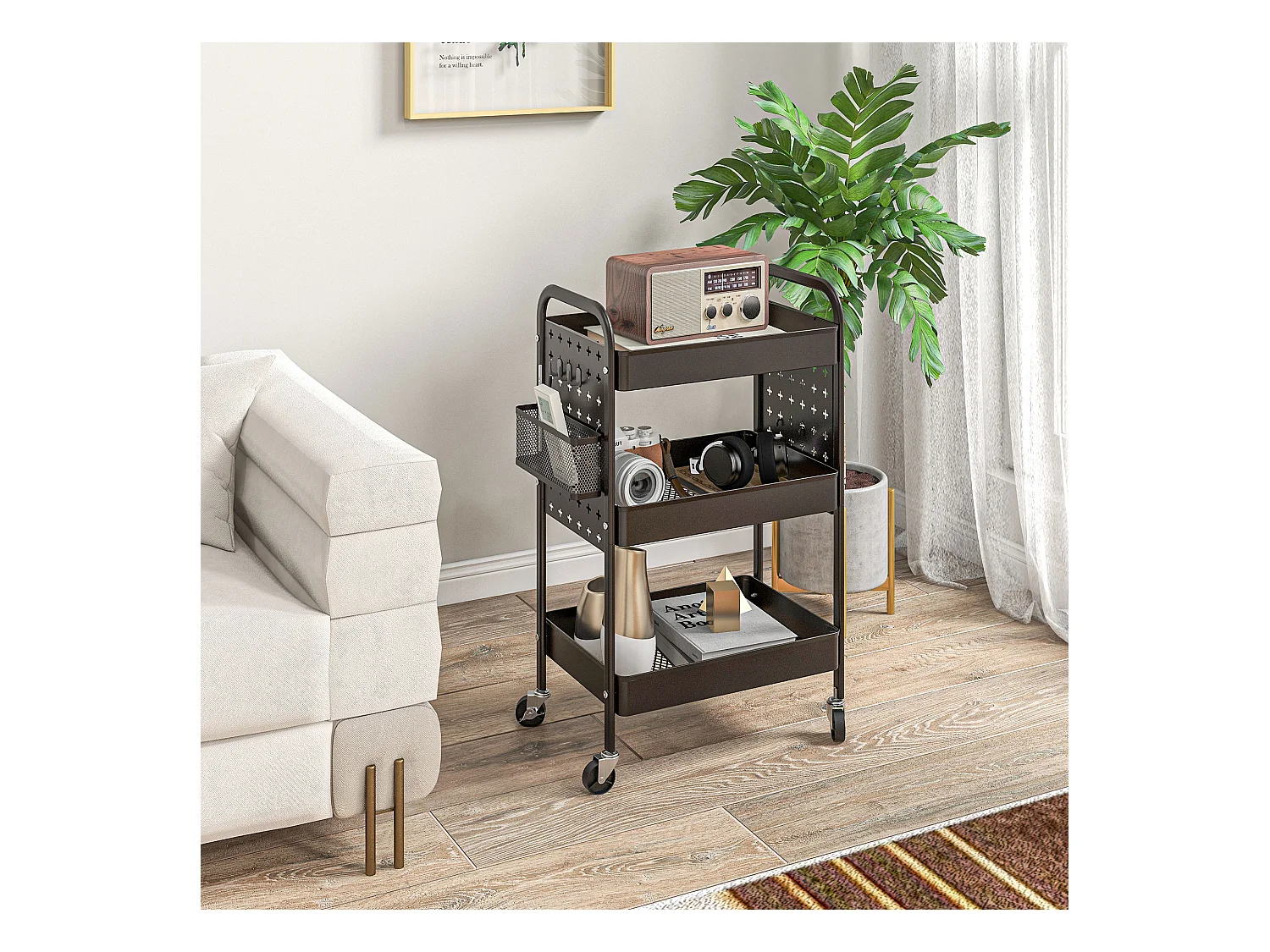 Carrito de servicio de 3 niveles, 2 cestas colgantes, con asas, en acero negro (53,5x30,5x75 cm)