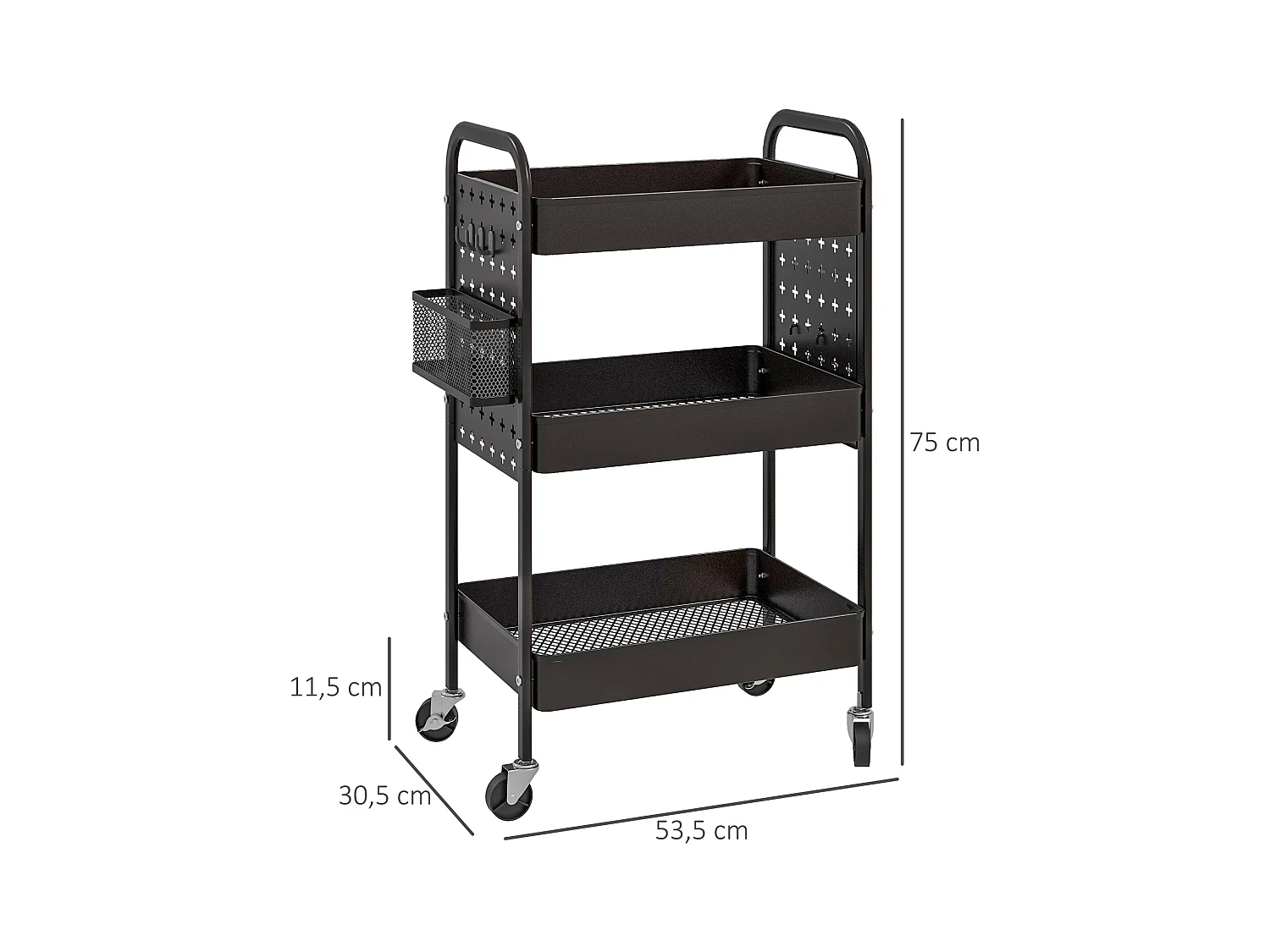 Carrito de servicio de 3 niveles, 2 cestas colgantes, con asas, en acero negro (53,5x30,5x75 cm)