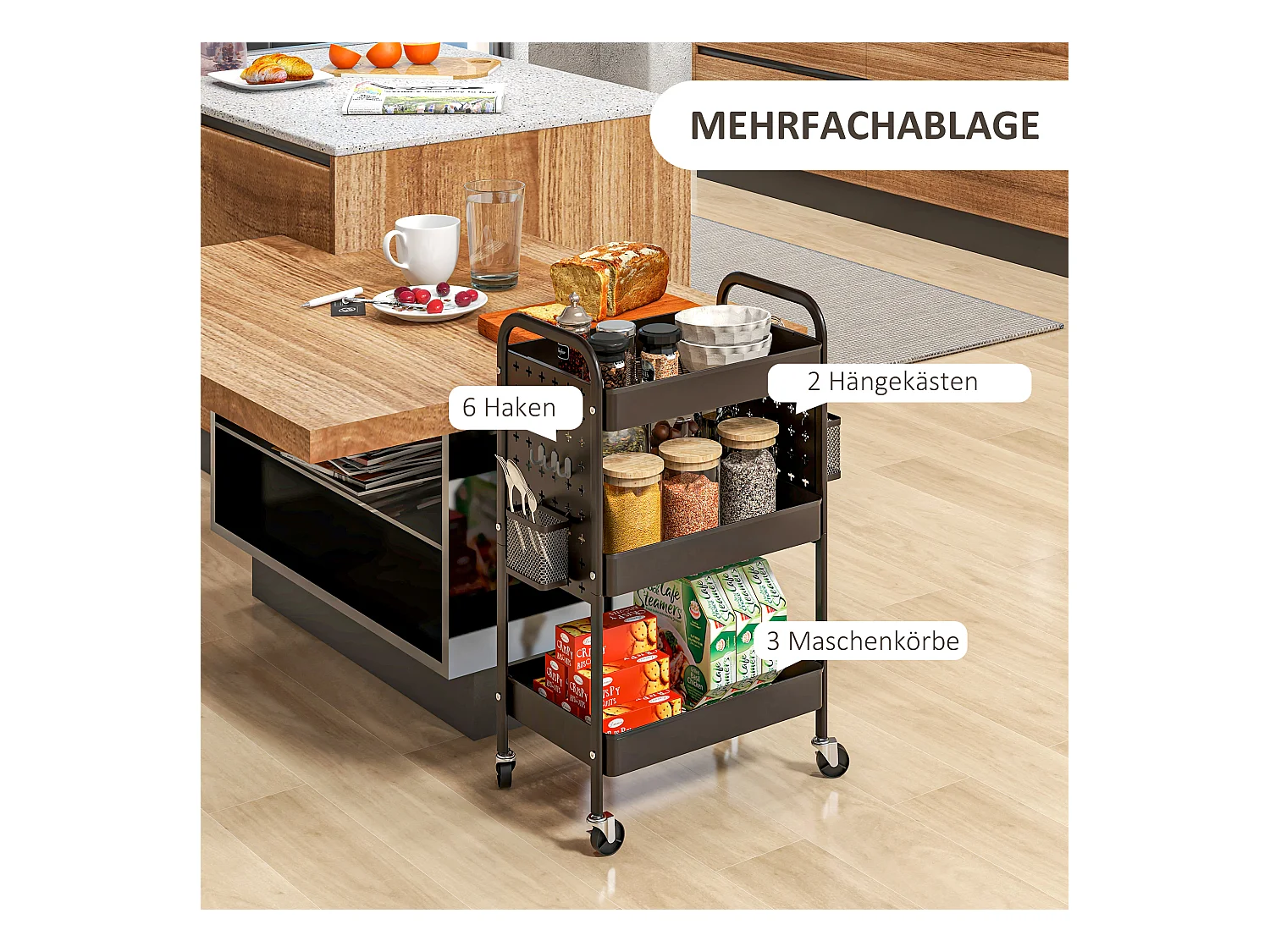 Carrito de servicio de 3 niveles, 2 cestas colgantes, con asas, en acero negro (53,5x30,5x75 cm)