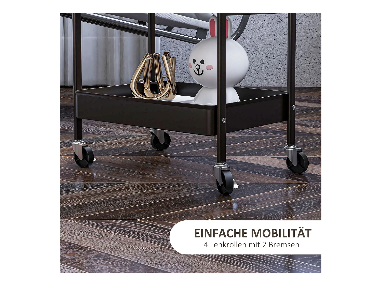 Carrito de servicio de 3 niveles, 2 cestas colgantes, con asas, en acero negro (53,5x30,5x75 cm)