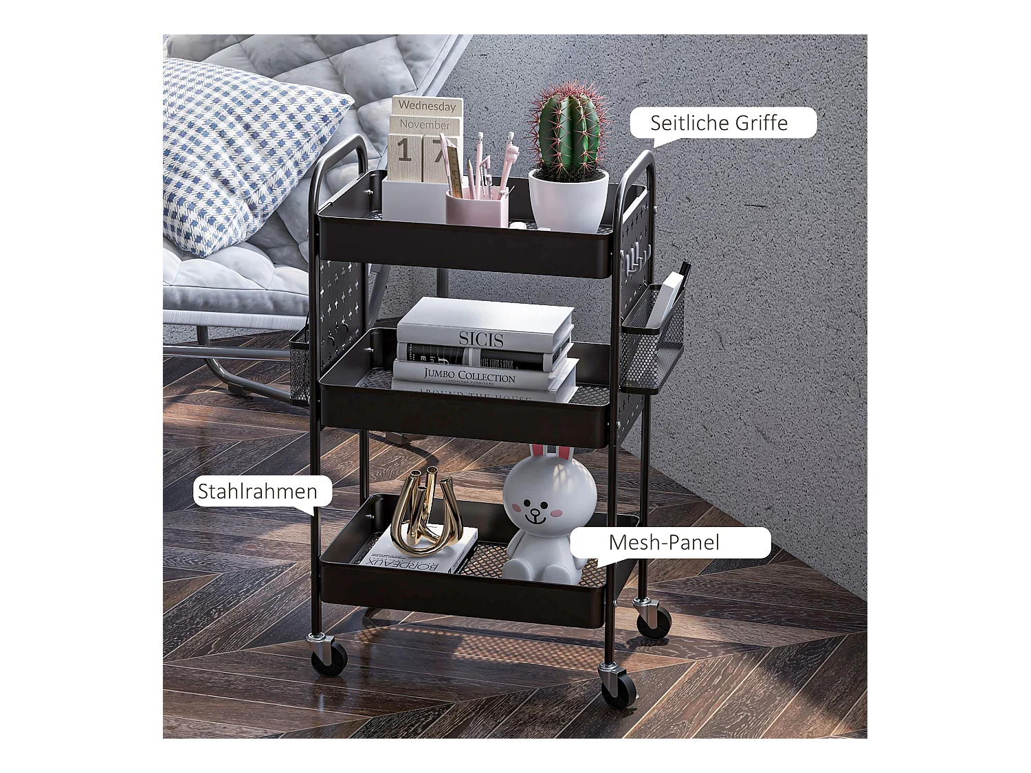 Carrito de servicio de 3 niveles, 2 cestas colgantes, con asas, en acero negro (53,5x30,5x75 cm)