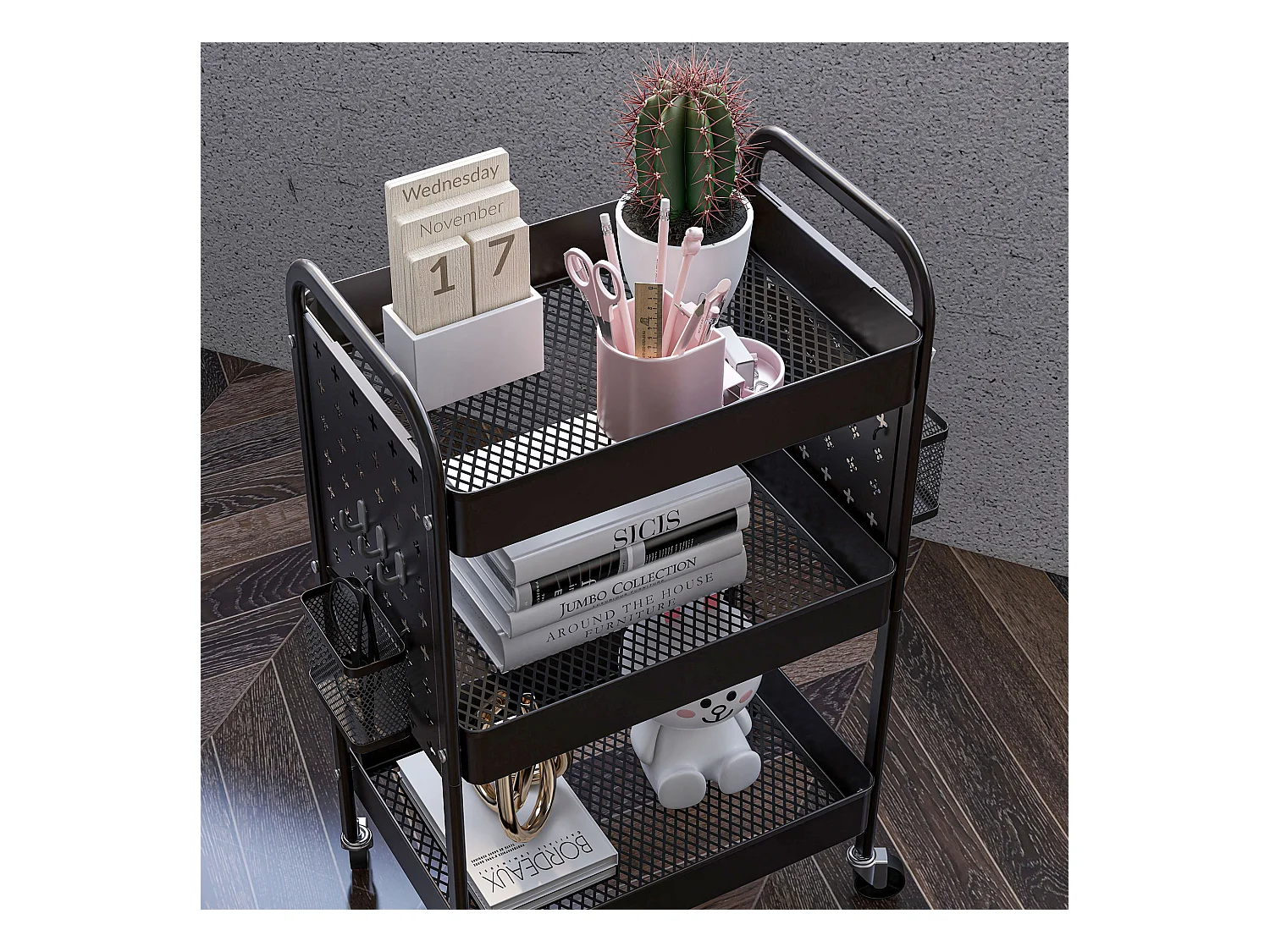 Carrito de servicio de 3 niveles, 2 cestas colgantes, con asas, en acero negro (53,5x30,5x75 cm)