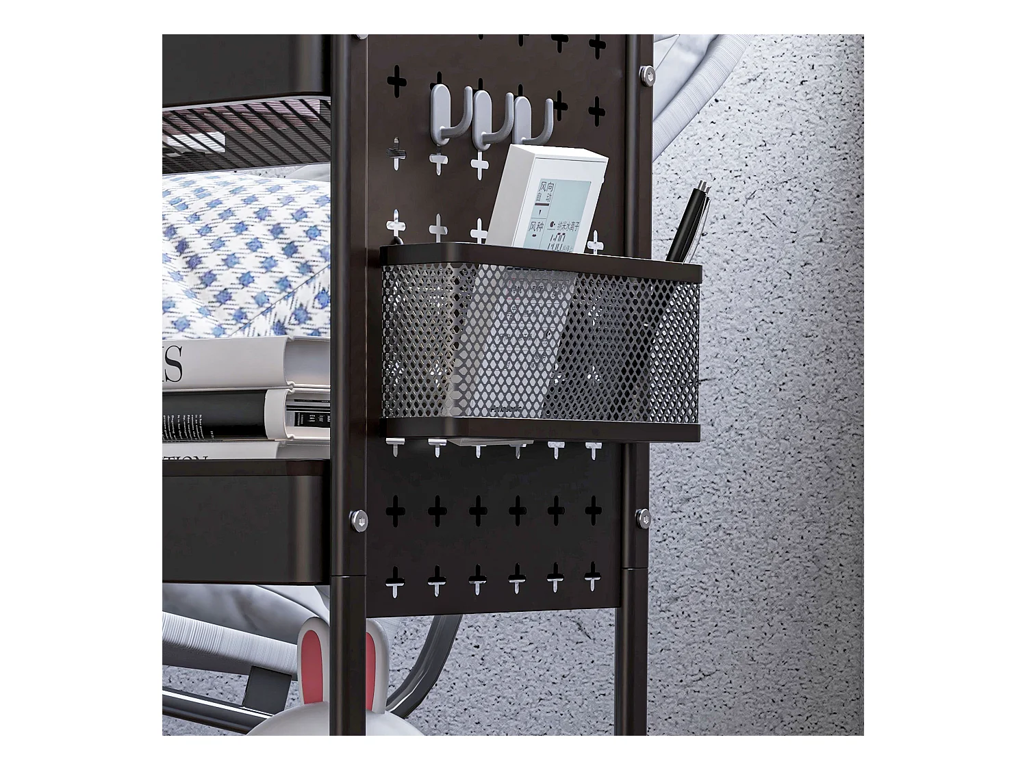 Carrito de servicio de 3 niveles, 2 cestas colgantes, con asas, en acero negro (53,5x30,5x75 cm)