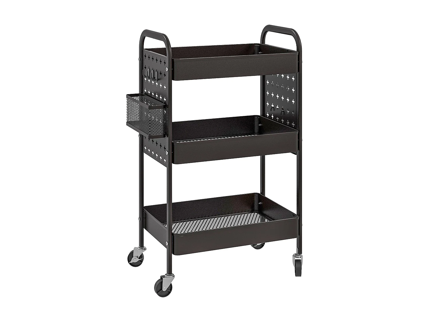 Carrito de servicio de 3 niveles, 2 cestas colgantes, con asas, en acero negro (53,5x30,5x75 cm)