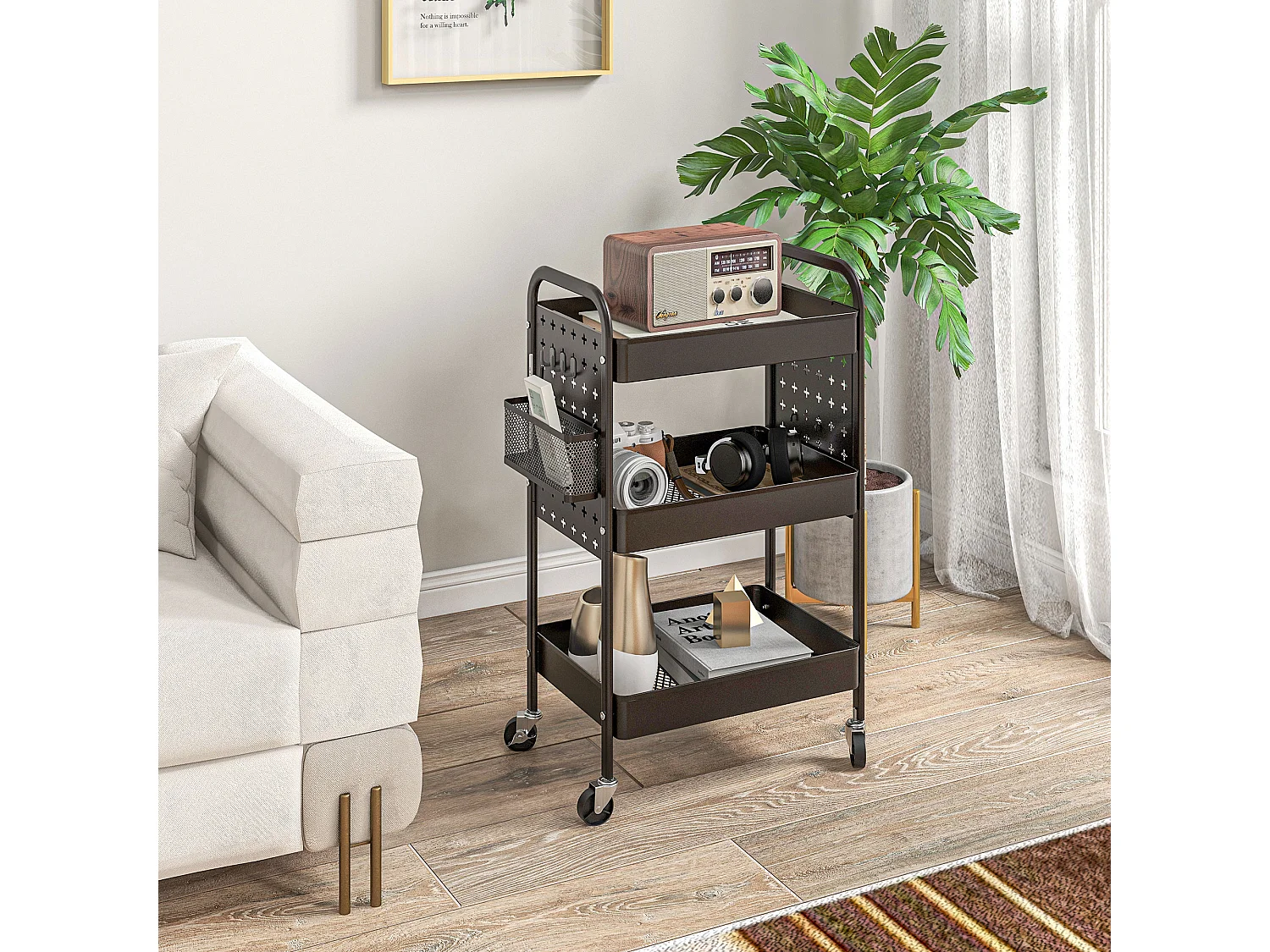 Carrito de servicio de 3 niveles, 2 cestas colgantes, con asas, en acero negro (53,5x30,5x75 cm)