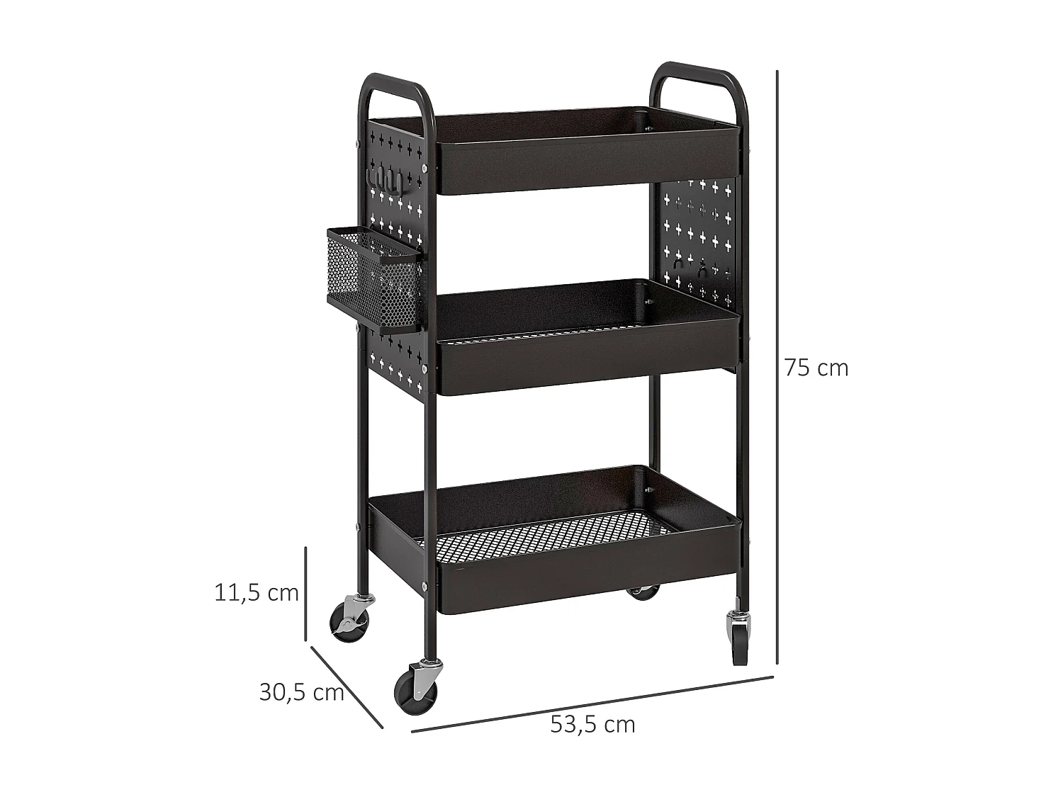 Carrito de servicio de 3 niveles, 2 cestas colgantes, con asas, en acero negro (53,5x30,5x75 cm)