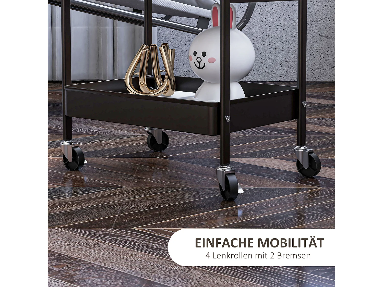 Carrito de servicio de 3 niveles, 2 cestas colgantes, con asas, en acero negro (53,5x30,5x75 cm)