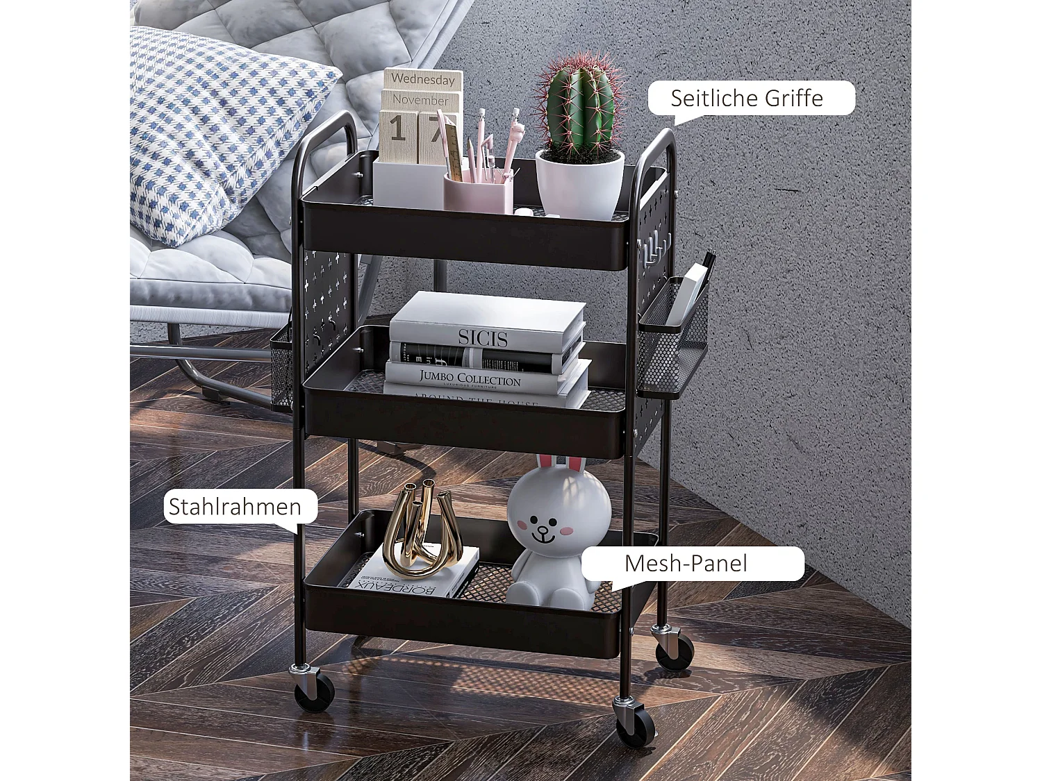 Carrito de servicio de 3 niveles, 2 cestas colgantes, con asas, en acero negro (53,5x30,5x75 cm)