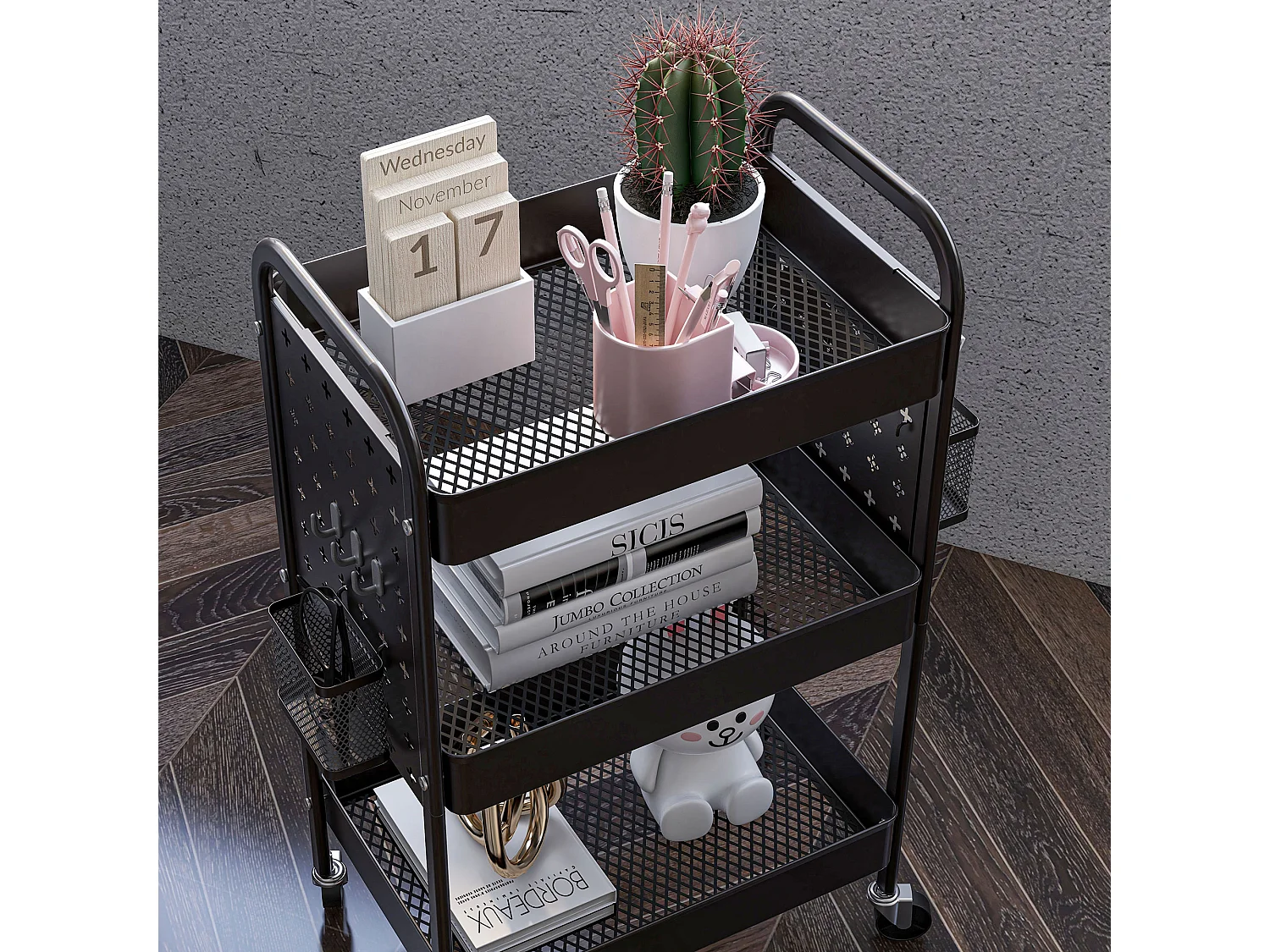 Carrito de servicio de 3 niveles, 2 cestas colgantes, con asas, en acero negro (53,5x30,5x75 cm)