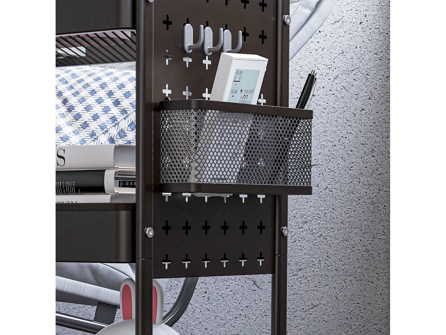 Carrito de servicio de 3 niveles, 2 cestas colgantes, con asas, en acero negro (53,5x30,5x75 cm)