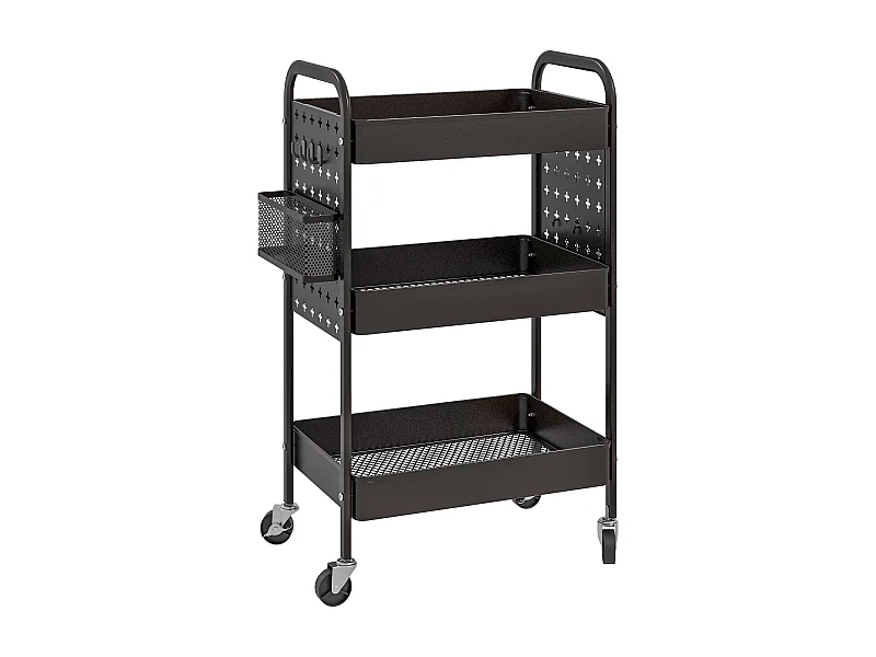 Carrello di servizio a 3 ripiani, 2 cestini appesi, con maniglie, in acciaio nero (53,5x30,5x75 cm)