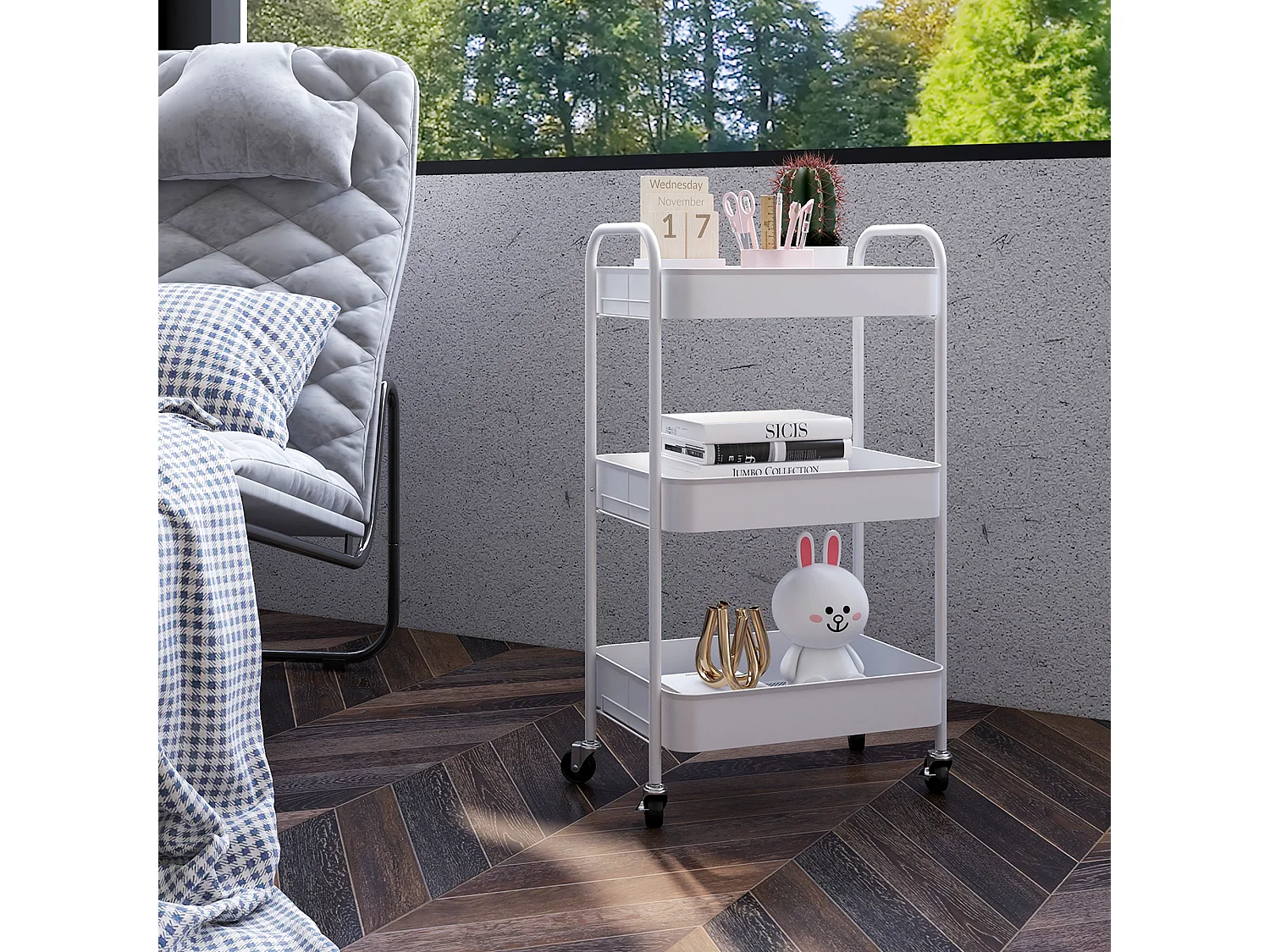 Servierwagen mit 3 Etagen, Stahl, Weiß, praktischer Küchenwagen, (45x30.6x79cm)