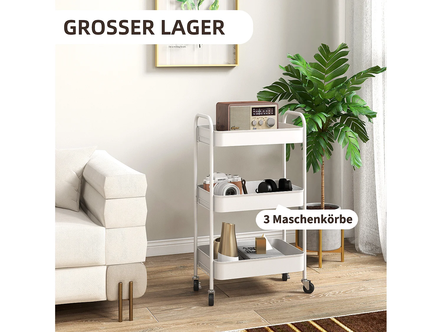 Servierwagen mit 3 Etagen, Stahl, Weiß, praktischer Küchenwagen, (45x30.6x79cm)