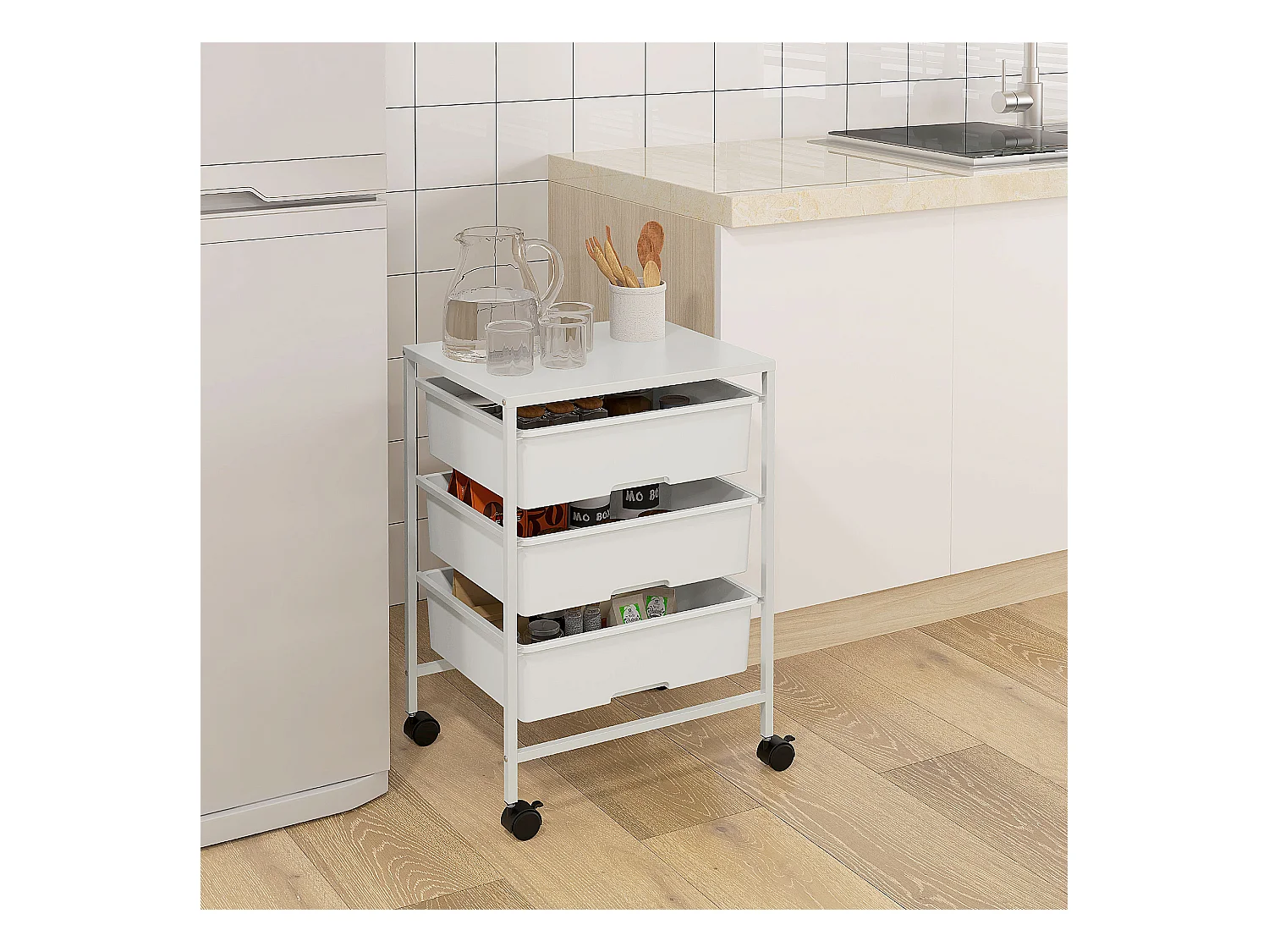 Chariot de service avec 3 étagères, à roulettes, en plastique, blanc (40.8x33.5x60.5 cm)