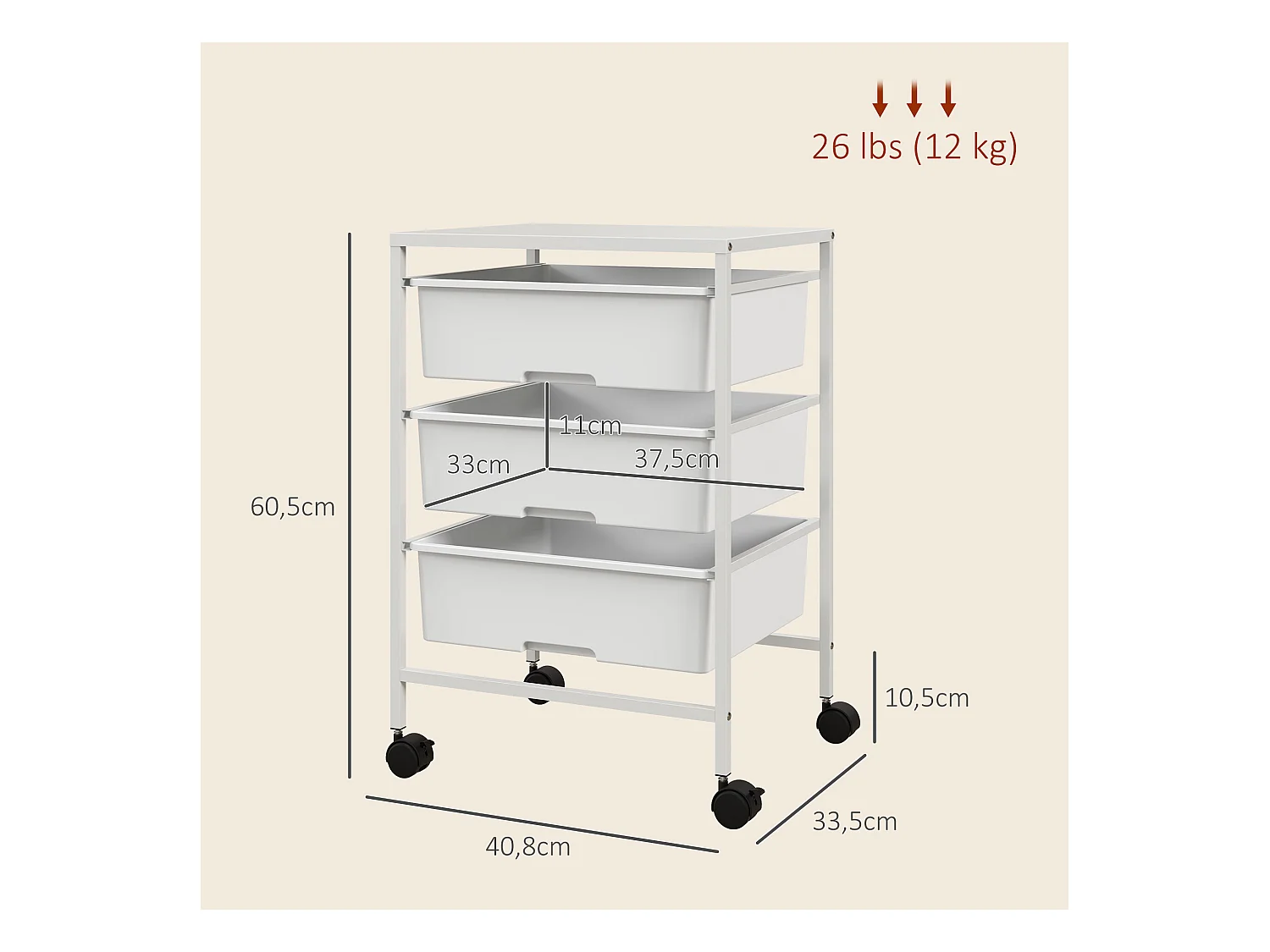 Chariot de service avec 3 étagères, à roulettes, en plastique, blanc (40.8x33.5x60.5 cm)