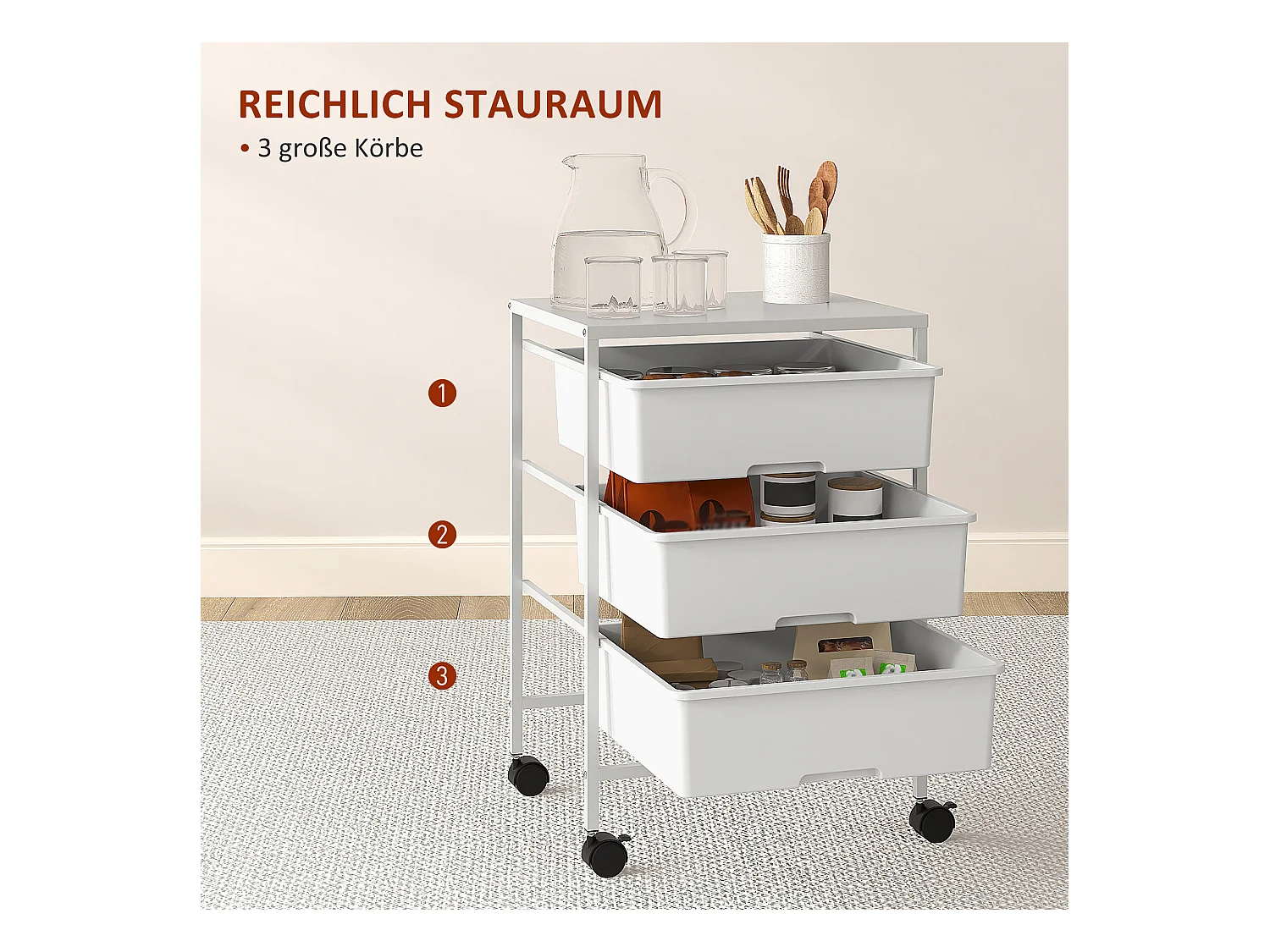 Chariot de service avec 3 étagères, à roulettes, en plastique, blanc (40.8x33.5x60.5 cm)