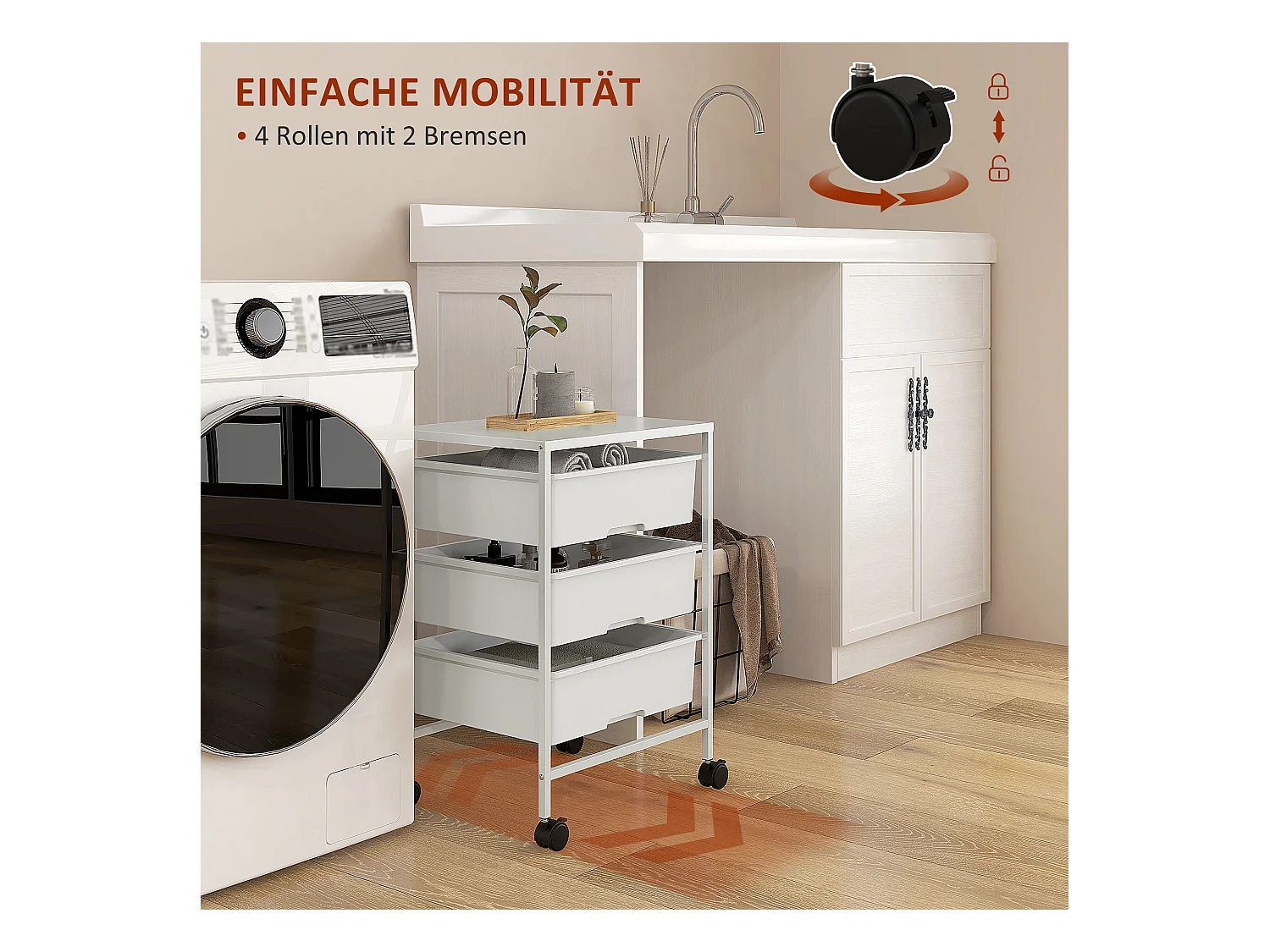 Chariot de service avec 3 étagères, à roulettes, en plastique, blanc (40.8x33.5x60.5 cm)