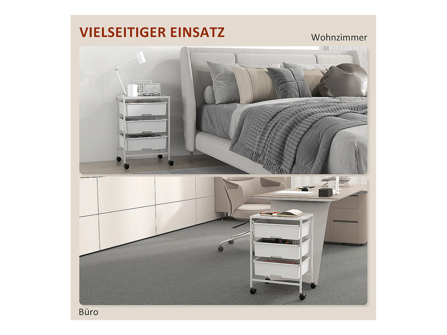 Chariot de service avec 3 étagères, à roulettes, en plastique, blanc (40.8x33.5x60.5 cm)