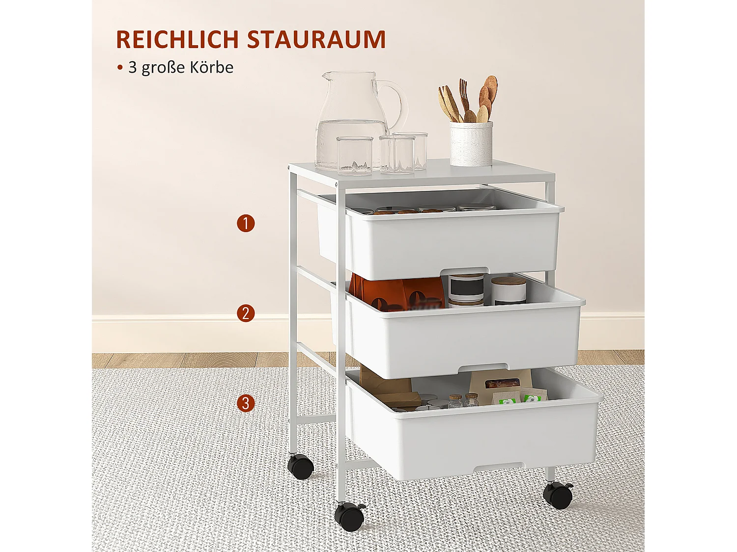 Serveerwagen met 3 schappen, op wielen, kunststof, wit (40,8x33,5x60,5 cm)