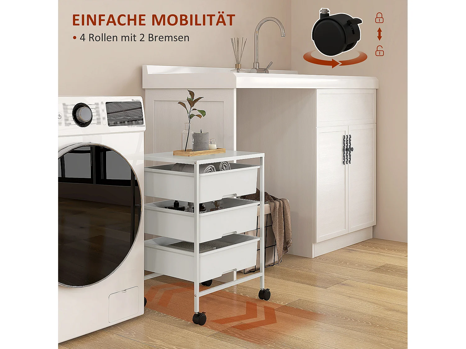 Serveerwagen met 3 schappen, op wielen, kunststof, wit (40,8x33,5x60,5 cm)