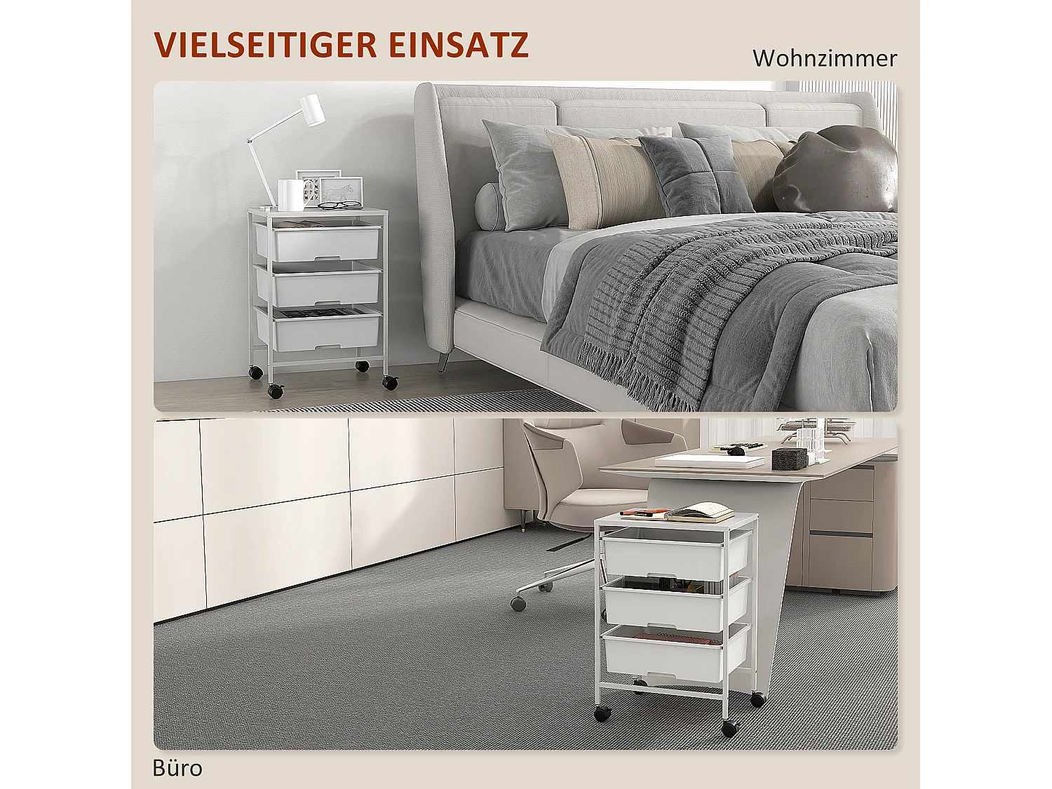 Serveerwagen met 3 schappen, op wielen, kunststof, wit (40,8x33,5x60,5 cm)