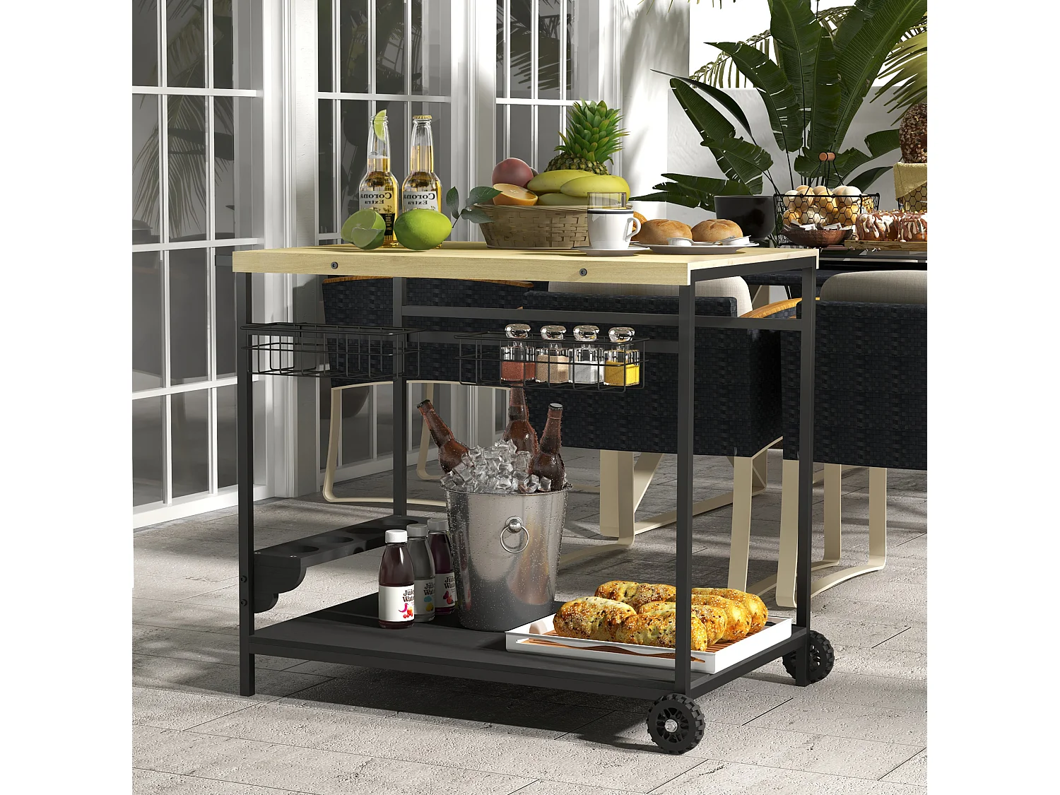 2-laags tuintrolley, natuurlijk grenen, opbergmand en bekerhouder (97,5 x 65 x 81 cm)