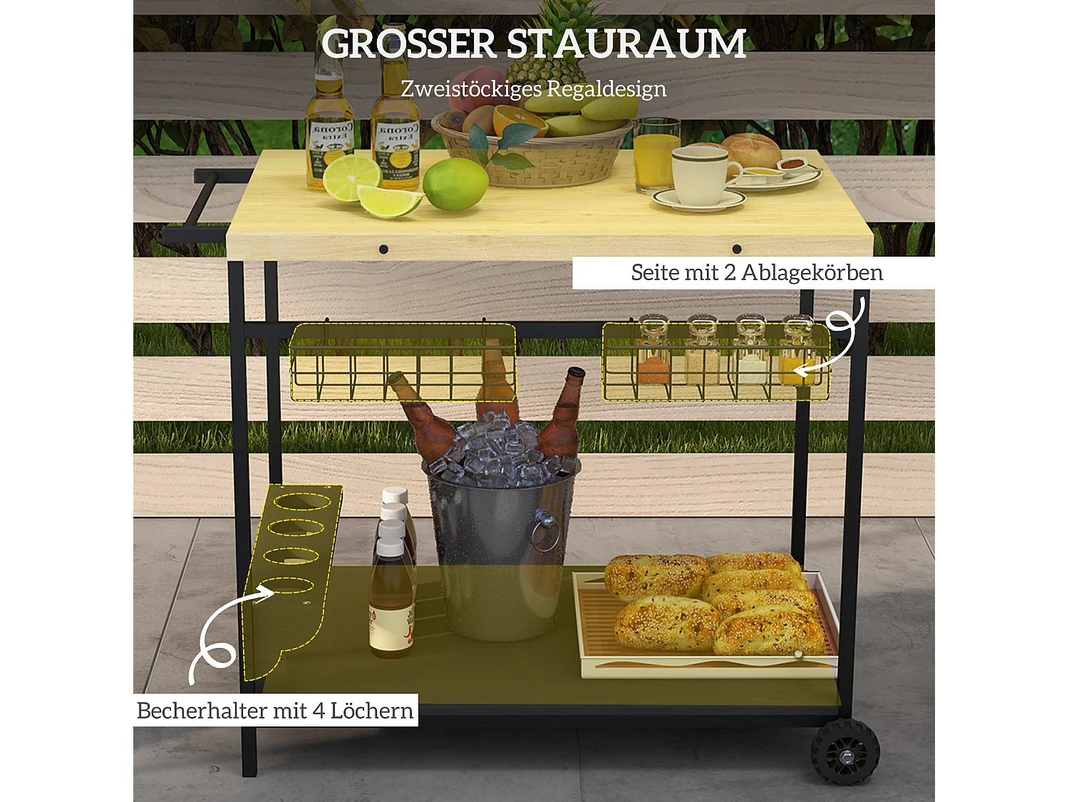 2-laags tuintrolley, natuurlijk grenen, opbergmand en bekerhouder (97,5 x 65 x 81 cm)