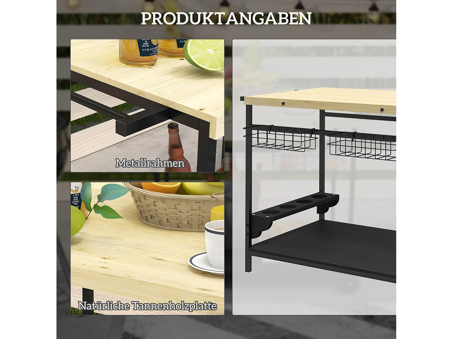 2-laags tuintrolley, natuurlijk grenen, opbergmand en bekerhouder (97,5 x 65 x 81 cm)