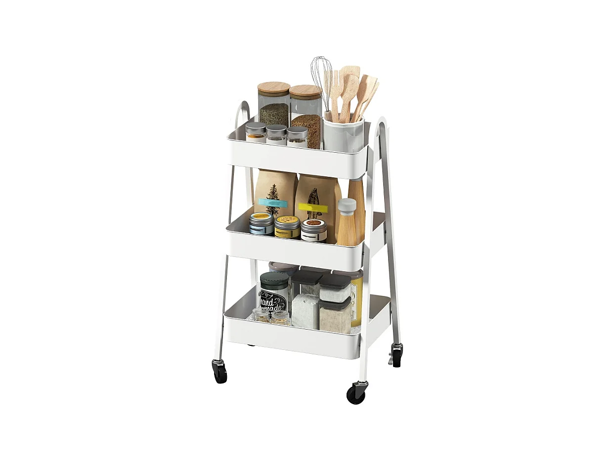 Carrito de servicio con 3 estantes, ruedas, metal, blanco (42,4x29,8x74,5 cm)
