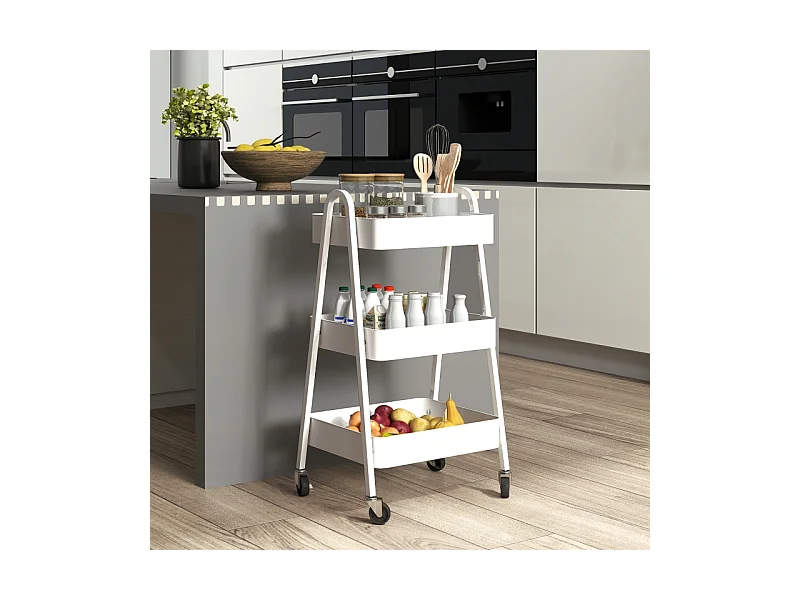 Carrito de servicio con 3 estantes, ruedas, metal, blanco (42,4x29,8x74,5 cm)