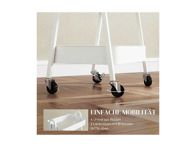 Carrito de servicio con 3 estantes, ruedas, metal, blanco (42,4x29,8x74,5 cm)