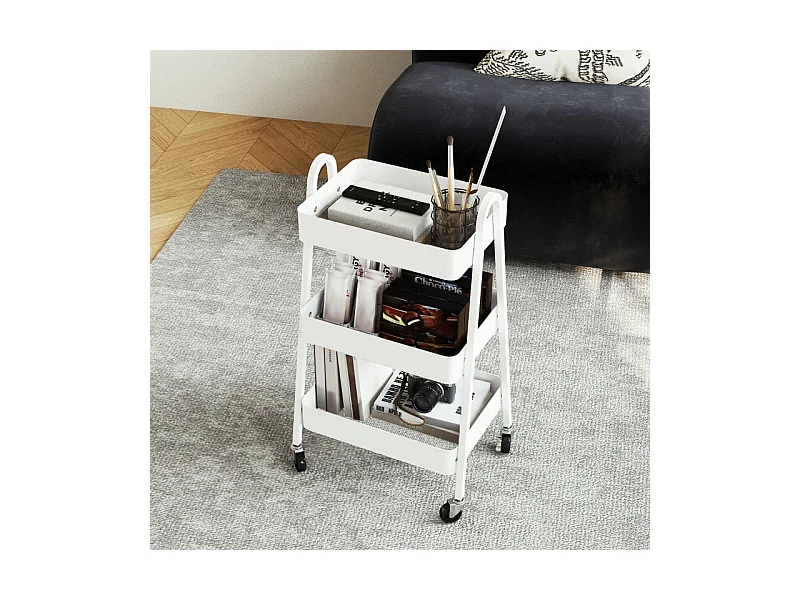 Carrito de servicio con 3 estantes, ruedas, metal, blanco (42,4x29,8x74,5 cm)