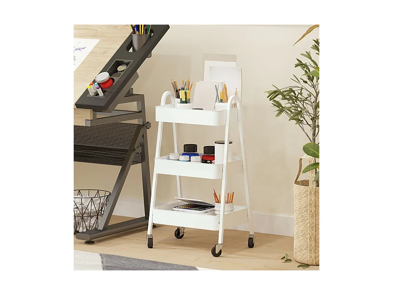 Carrito de servicio con 3 estantes, ruedas, metal, blanco (42,4x29,8x74,5 cm)