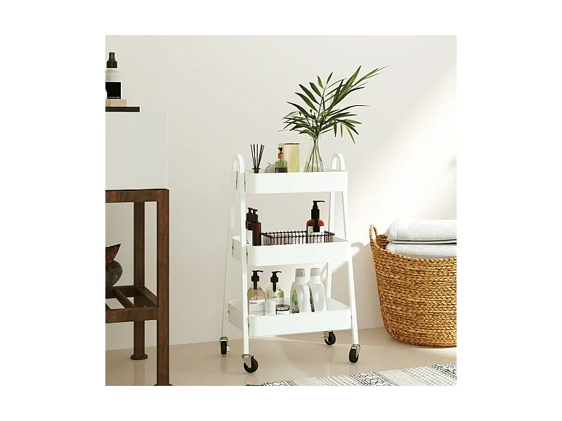 Carrito de servicio con 3 estantes, ruedas, metal, blanco (42,4x29,8x74,5 cm)