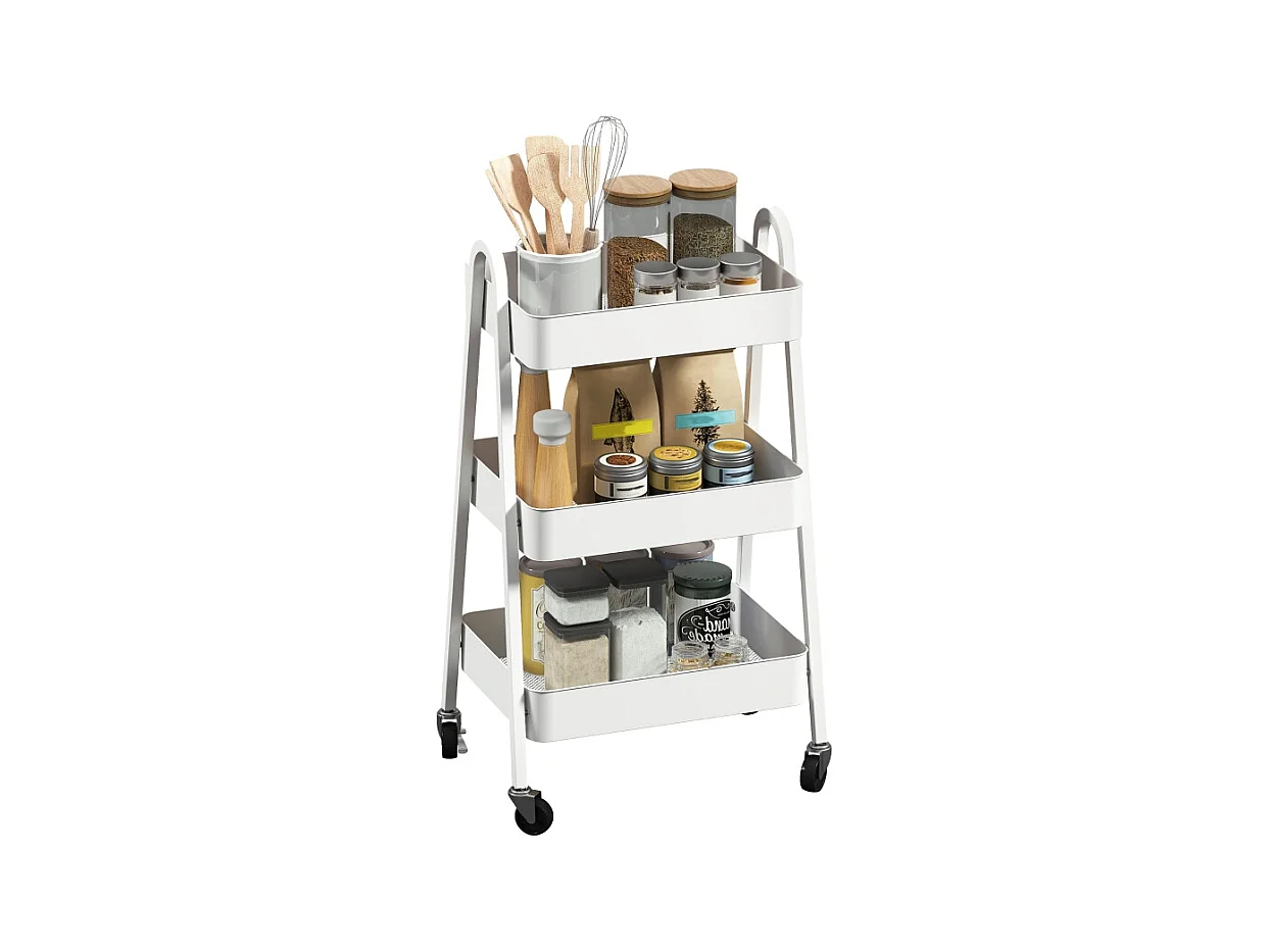 Carrito de servicio con 3 estantes, ruedas, metal, blanco (42,4x29,8x74,5 cm)