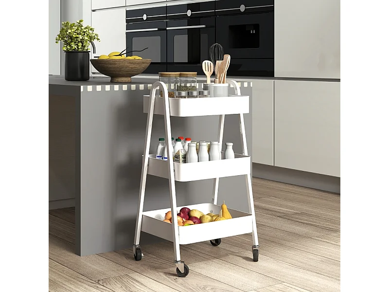 Carrello di servizio con 3 ripiani, ruote, metallo, bianco (42,4x29,8x74,5 cm)