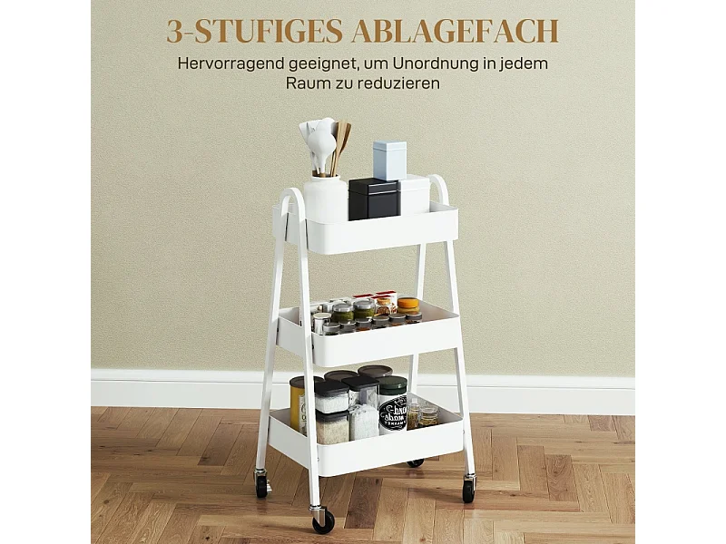 Carrello di servizio con 3 ripiani, ruote, metallo, bianco (42,4x29,8x74,5 cm)